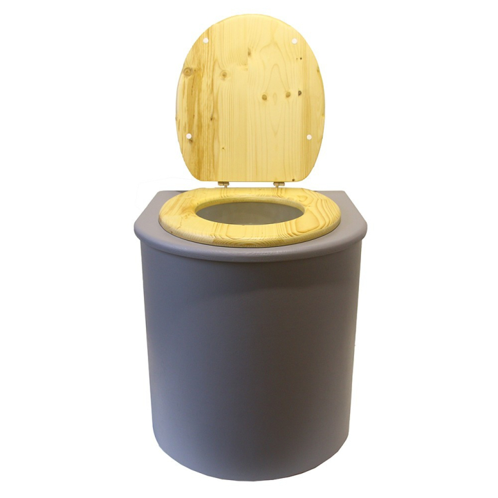  Toilette sèche rehaussée en bois arrondie grise avec seau 22L plastique et bavette inox. Abattant bois huilé
