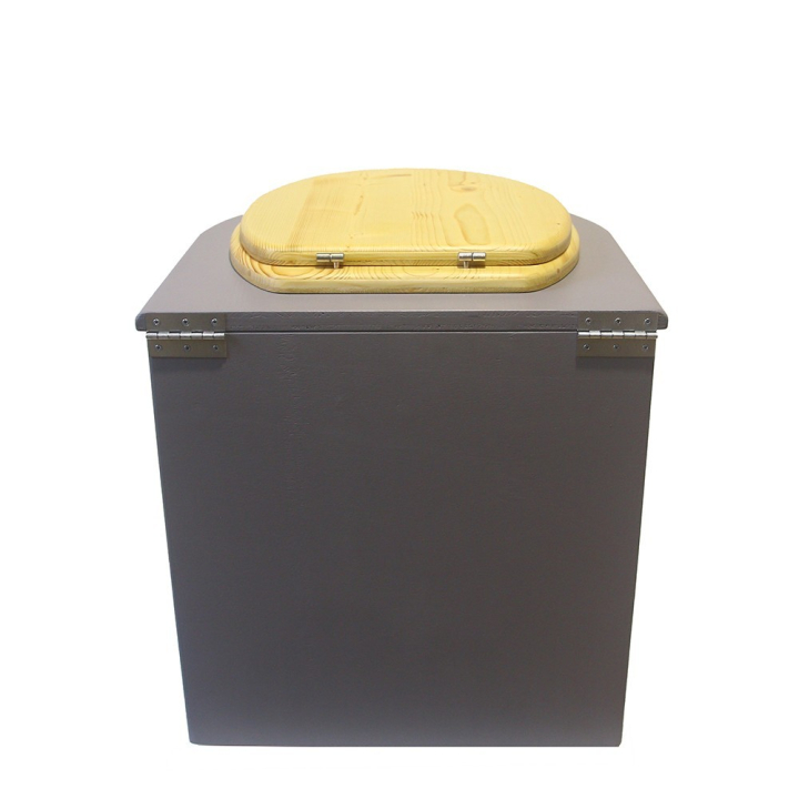  Toilette sèche rehaussée en bois arrondie grise avec seau 22L plastique et bavette inox. Abattant bois huilé