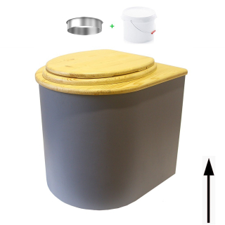 Toilette sèche rehaussée en bois arrondie gris/huilé avec seau 22L plastique et bavette inox. Abattant bois huilé