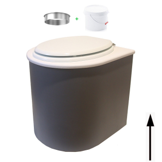Toilette sèche rehaussée en bois arrondie gris/blanc avec seau 22L plastique et bavette inox. Abattant blanc