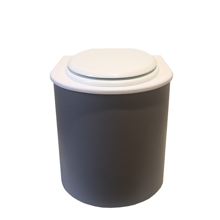  Toilette sèche rehaussée en bois arrondie gris/blanc avec seau 22L plastique et bavette inox. Abattant blanc
