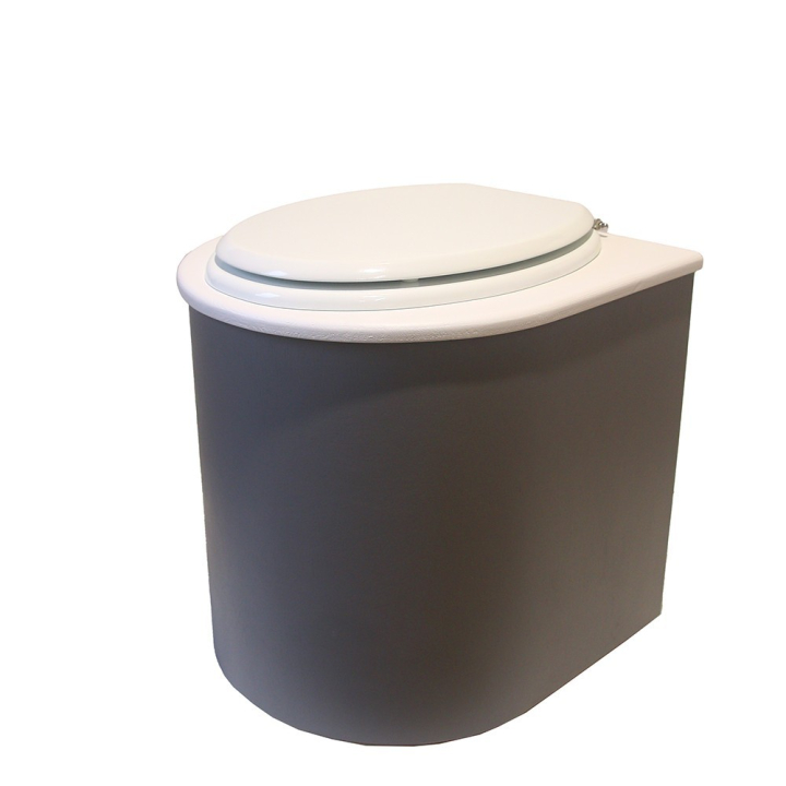  Toilette sèche rehaussée en bois arrondie gris/blanc avec seau 22L plastique et bavette inox. Abattant blanc