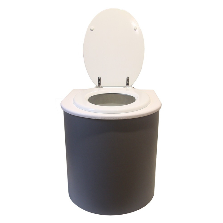  Toilette sèche rehaussée en bois arrondie gris/blanc avec seau 22L plastique et bavette inox. Abattant blanc