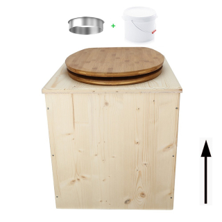 Toilette sèche rehaussée en bois brut complète avec seau plastique 22L