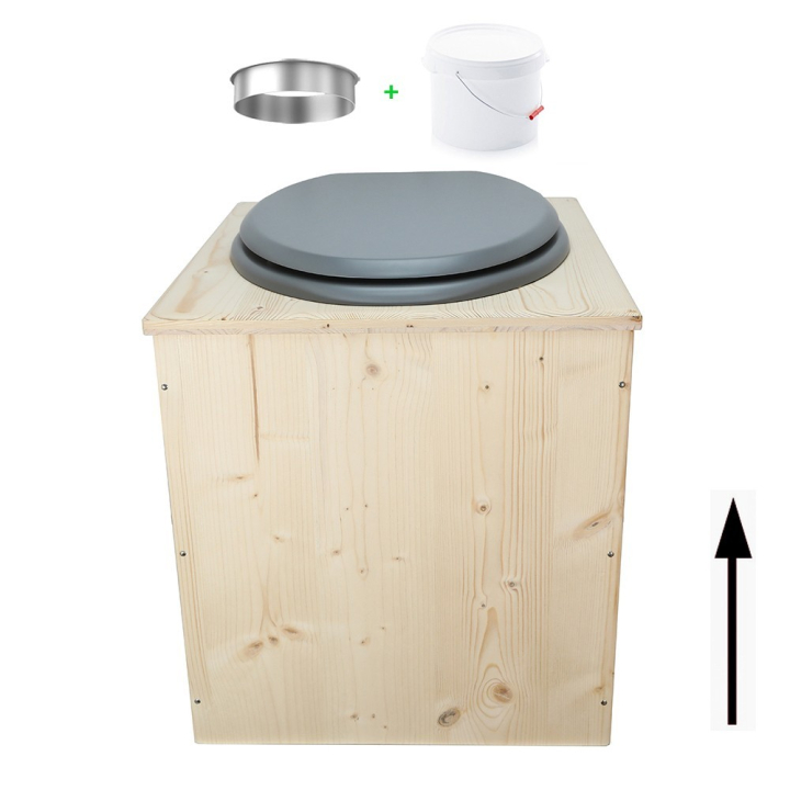 Toilette sèche rehaussée en bois brut complète avec seau plastique 22L