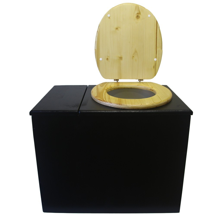  Toilette sèche rehaussée avec bac à copeaux de bois noire avec bavette inox et seau 20 litres
