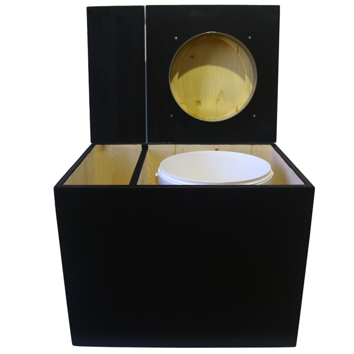 Toilette sèche rehaussée avec bac à copeaux de bois noire avec bavette inox et seau 20 litres