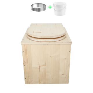 Toilette sèche pas cher complète avec seau 20L plastique et bavette inox en bois brut