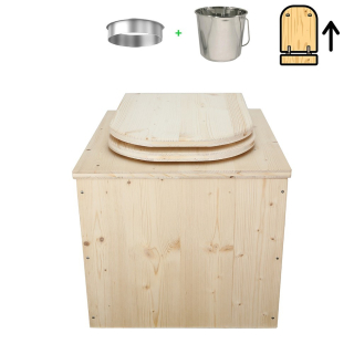 Toilette sèche en bois brut avec seau inox