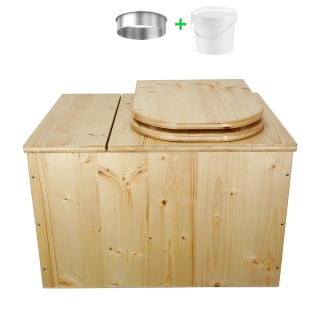 Toilette sèche avec bac à copeaux de bois huilé. Livré avec bavette inox et seau 20 litres