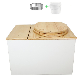 Toilette sèche avec bac intégré en bois huilé/blanc complète avec seau 20L plastique et bavette inox