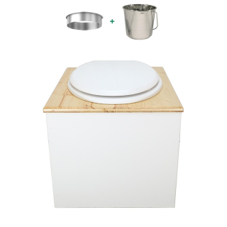 Toilette sèche en bois blanc huilé complète avec seau inox 22 litres et bavette inox Ø30 cm - abattant blanc