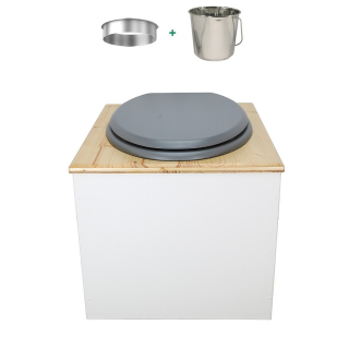 Toilette sèche en bois blanc huilé complète avec seau inox 22 litres et bavette inox Ø30 cm - abattant gris