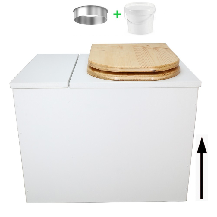 Toilette sèche en bois blanc rehaussée avec bac à copeaux de bois
