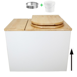 Toilette sèche en bois blanc/huilé rehaussée avec bac à copeaux de bois