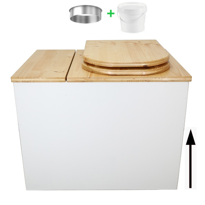Toilette sèche en bois blanc/huilé rehaussée avec bac à copeaux de bois