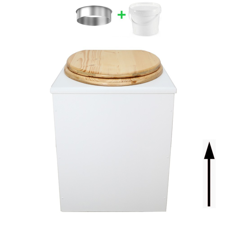 Toilette sèche rehaussée en bois blanc complète avec seau 20 litres et bavette inox