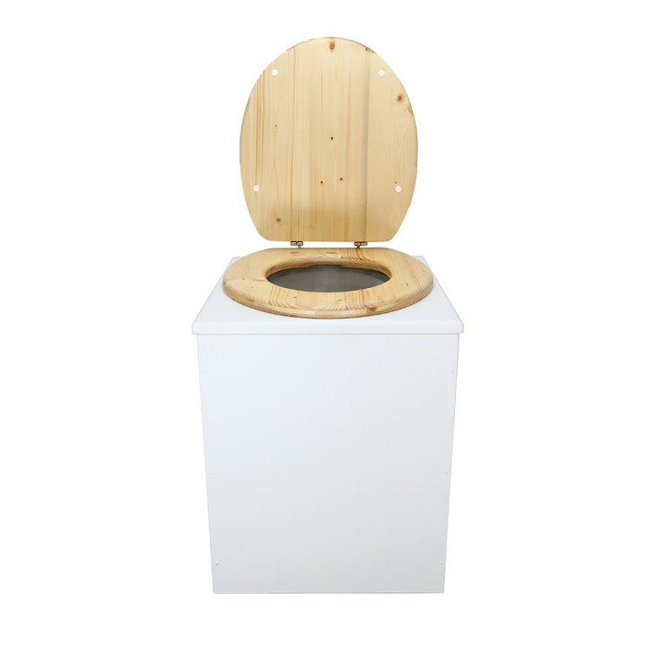  Toilette sèche rehaussée en bois blanc complète avec seau 20 litres et bavette inox