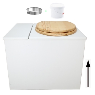 Toilette sèche en bois blanc avec bac intégré. Livré avec bavette inox et seau 22 litres. abattant huilé. modèle rehaussé PMR