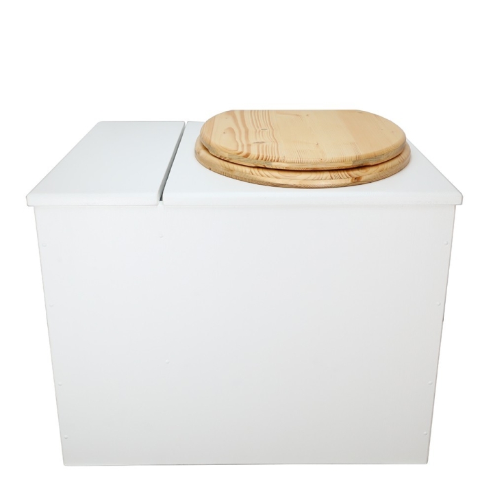  Toilette sèche en bois blanc avec bac intégré. Livré avec bavette inox et seau 22 litres. abattant huilé. modèle rehaussé PMR