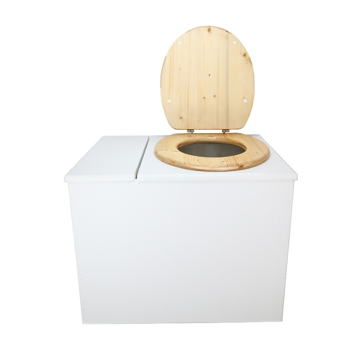  Toilette sèche en bois blanc avec bac intégré. Livré avec bavette inox et seau 22 litres. abattant huilé. modèle rehaussé PMR