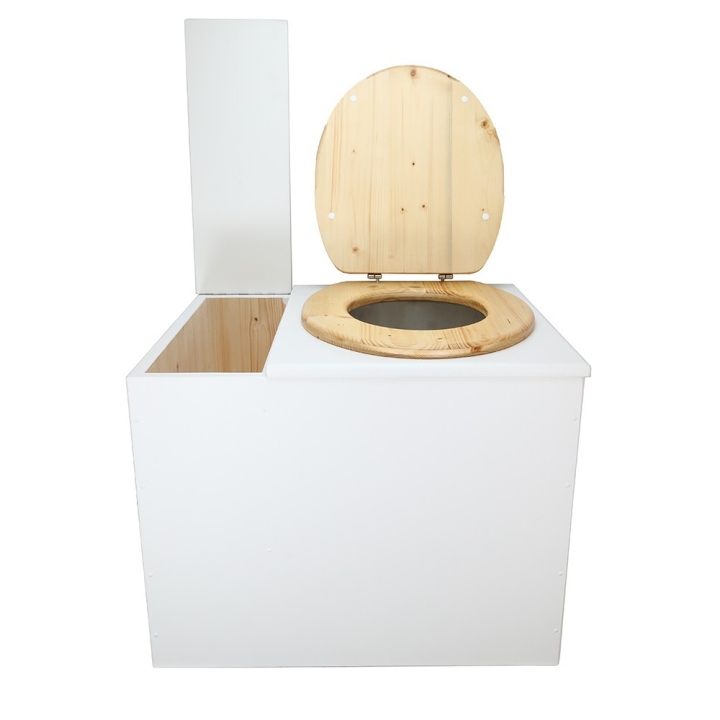  Toilette sèche en bois blanc avec bac intégré. Livré avec bavette inox et seau 22 litres. abattant huilé. modèle rehaussé PMR