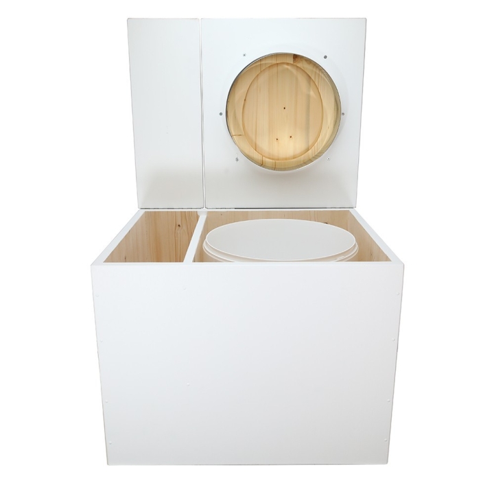  Toilette sèche en bois blanc avec bac intégré. Livré avec bavette inox et seau 22 litres. abattant huilé. modèle rehaussé PMR