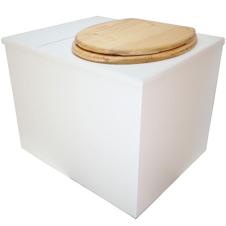  Toilette sèche en bois blanc avec bac intégré. Livré avec bavette inox et seau 22 litres. abattant huilé. modèle rehaussé PMR