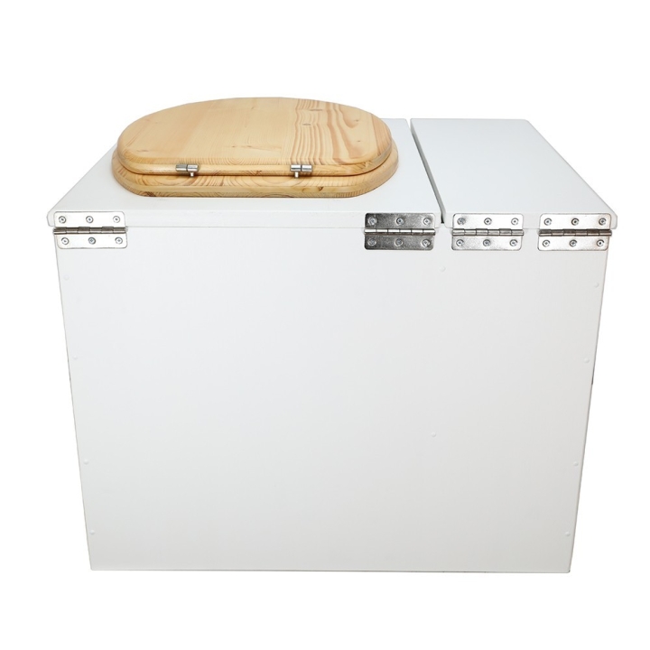  Toilette sèche en bois blanc avec bac intégré. Livré avec bavette inox et seau 22 litres. abattant huilé. modèle rehaussé PMR
