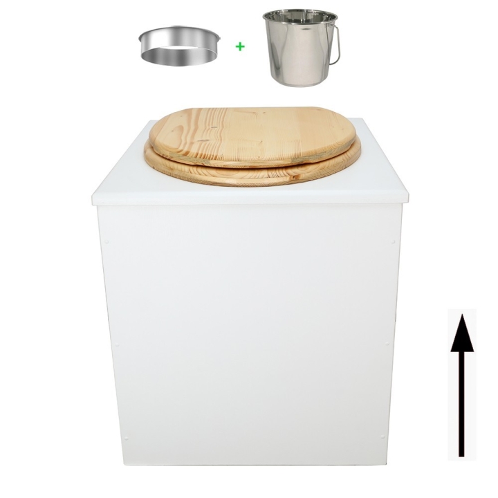 Toilette sèche rehaussée en bois blanc complète avec seau inox 22 litres et bavette inox Ø30 cm - abattant bois huilé
