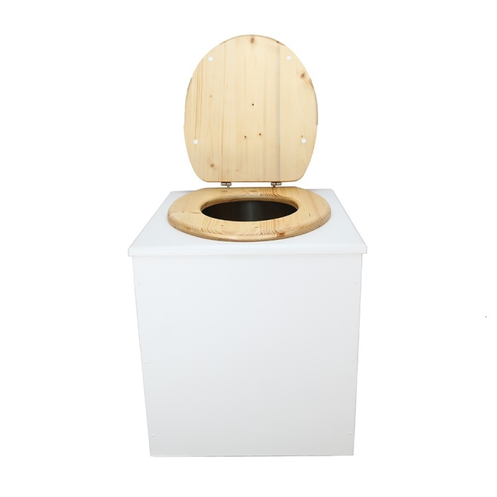  Toilette sèche rehaussée en bois blanc complète avec seau inox 22 litres et bavette inox Ø30 cm - abattant bois huilé