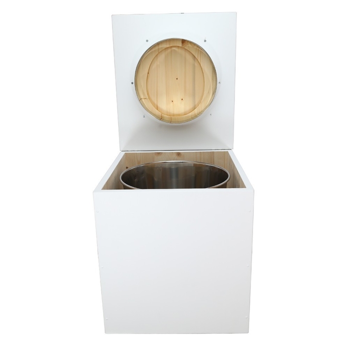  Toilette sèche rehaussée en bois blanc complète avec seau inox 22 litres et bavette inox Ø30 cm - abattant bois huilé