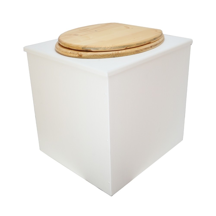  Toilette sèche rehaussée en bois blanc complète avec seau inox 22 litres et bavette inox Ø30 cm - abattant bois huilé