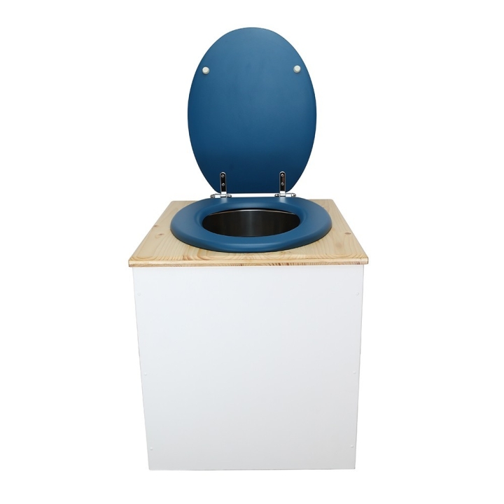  Toilette sèche rehaussée en bois blanc/huilé complète avec seau inox et bavette inox - abattant bleu nuit