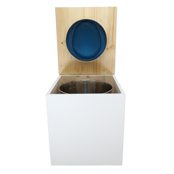  Toilette sèche rehaussée en bois blanc/huilé complète avec seau inox et bavette inox - abattant bleu nuit