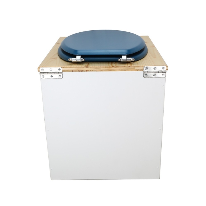  Toilette sèche rehaussée en bois blanc/huilé complète avec seau inox et bavette inox - abattant bleu nuit