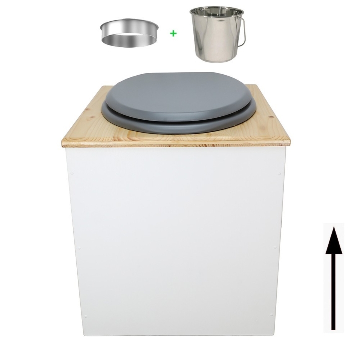 Toilette sèche rehaussée en bois blanc/huilé complète avec seau inox et bavette inox - abattant gris