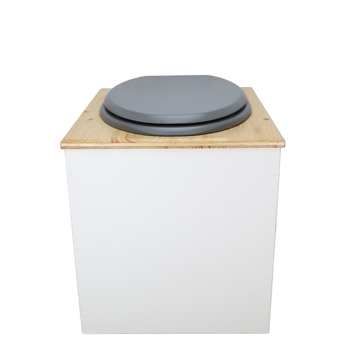  Toilette sèche rehaussée en bois blanc/huilé complète avec seau inox et bavette inox - abattant gris