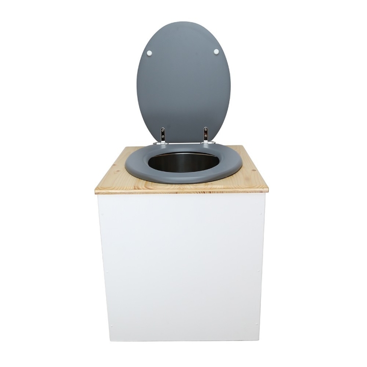  Toilette sèche rehaussée en bois blanc/huilé complète avec seau inox et bavette inox - abattant gris
