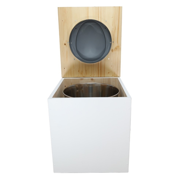  Toilette sèche rehaussée en bois blanc/huilé complète avec seau inox et bavette inox - abattant gris