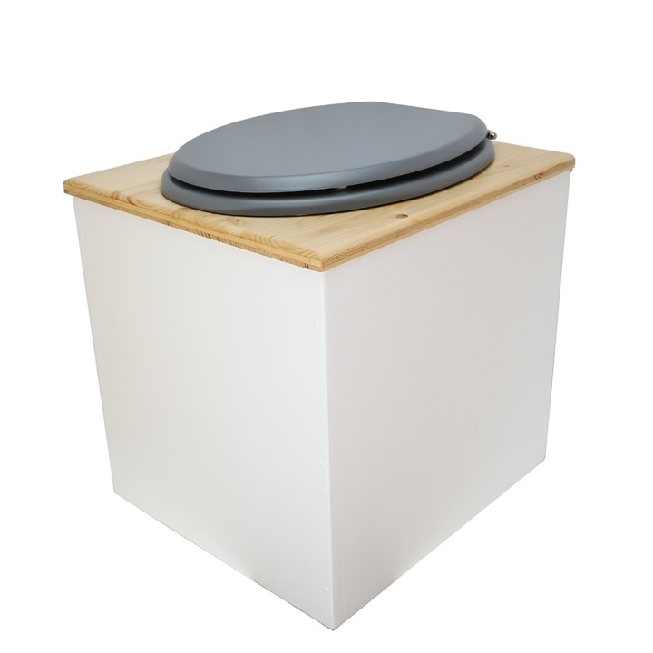  Toilette sèche rehaussée en bois blanc/huilé complète avec seau inox et bavette inox - abattant gris