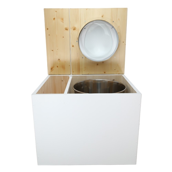  abattant blanc seau inox et bavette inox. Hauteur PMR 50 cm.