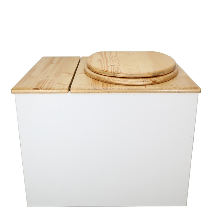  Toilette sèche en bois blanc/huilé avec bac intégré. Livré avec bavette inox et seau 22L. abattant huilé. modèle rehaussé PMR