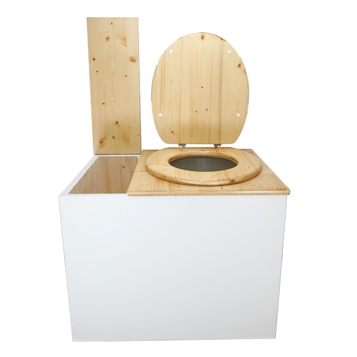  Toilette sèche en bois blanc/huilé avec bac intégré. Livré avec bavette inox et seau 22L. abattant huilé. modèle rehaussé PMR