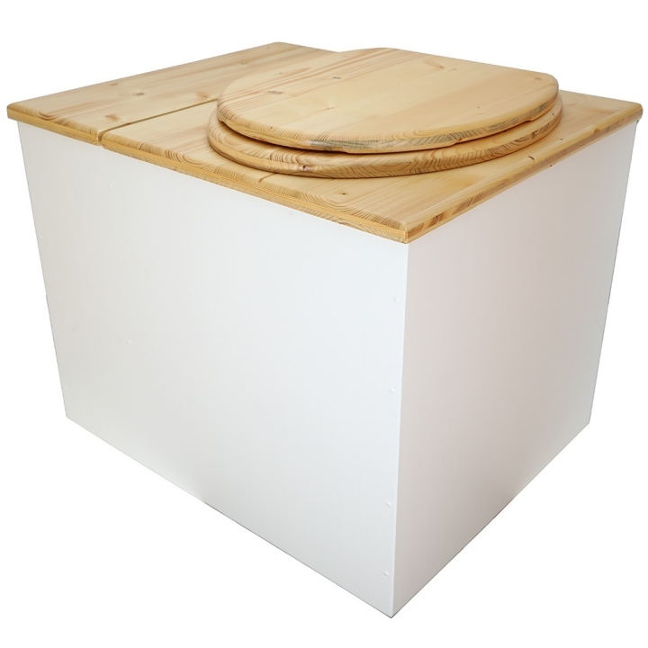  Toilette sèche en bois blanc/huilé avec bac intégré. Livré avec bavette inox et seau 22L. abattant huilé. modèle rehaussé PMR