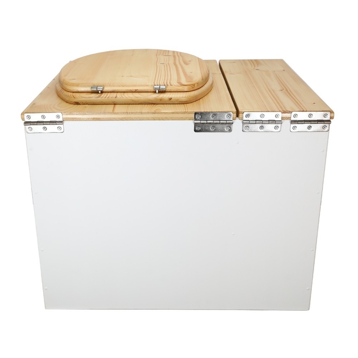  Toilette sèche en bois blanc/huilé avec bac intégré. Livré avec bavette inox et seau 22L. abattant huilé. modèle rehaussé PMR