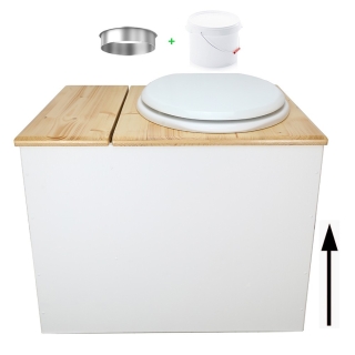 Toilette sèche en bois blanc/huilé avec bac intégré. Livré avec bavette inox et seau 22L. abattant blanc. modèle rehaussé PMR