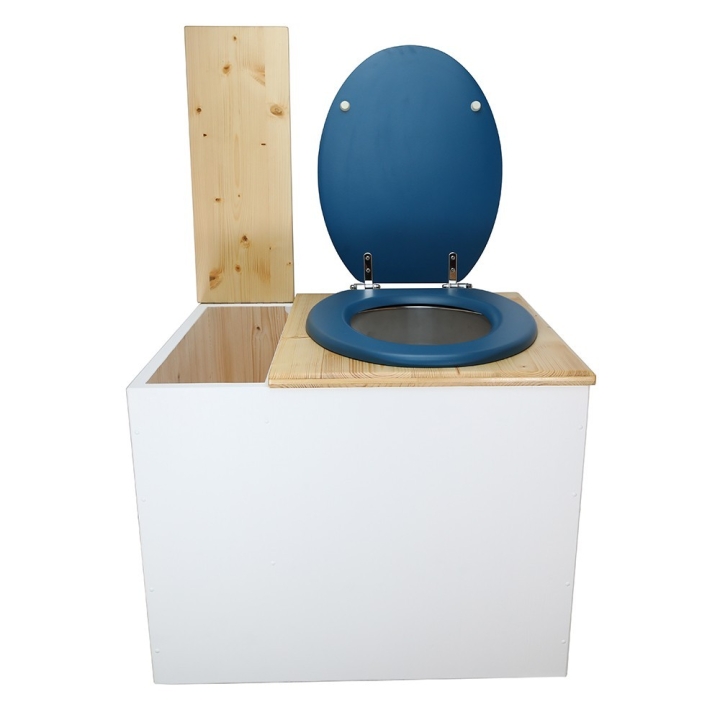  avec bavette inox et seau 22 litres. abattant bleu. modèle rehaussé PMR