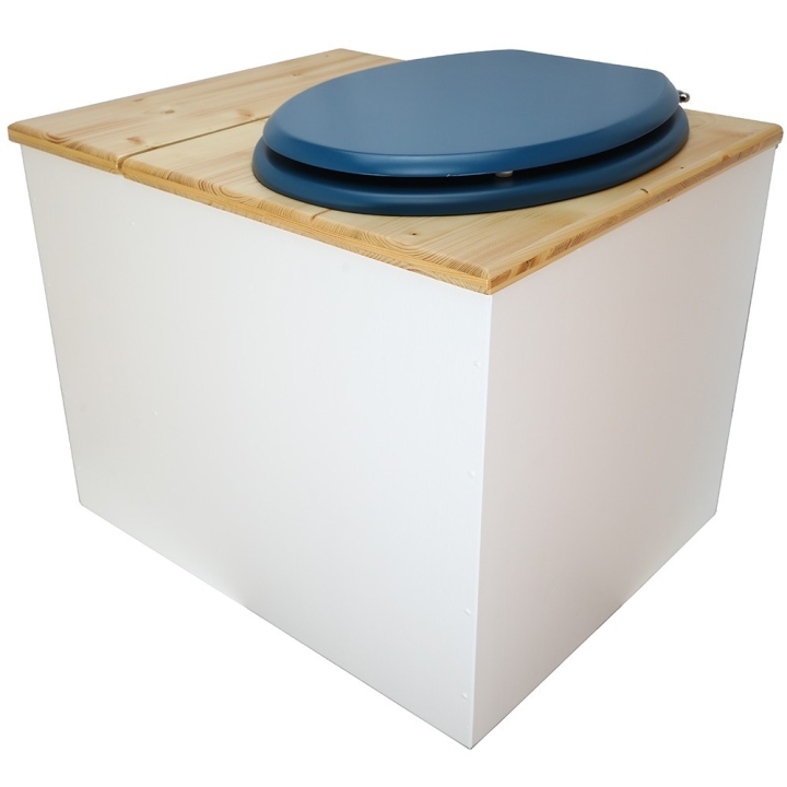  avec bavette inox et seau 22 litres. abattant bleu. modèle rehaussé PMR
