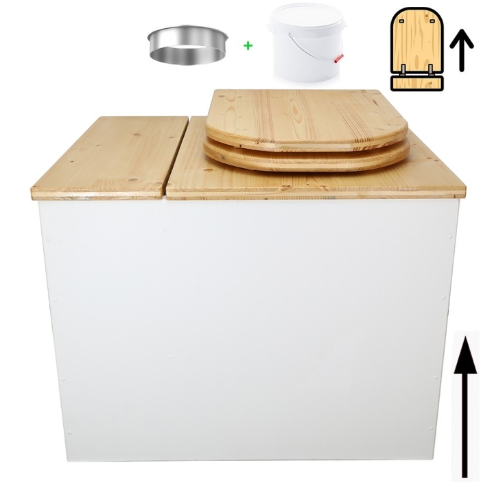 Toilette sèche rehaussée en bois blanc/huilé avec bac intégré. Livré avec bavette inox et seau 22L. abattant huilé déclipsable.